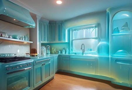 hud_mdrn_kitc,  No humans, kitchen, scenery, indoors, modern kitchen made out of slime, appliances made out of slime, cabinets made out of slime, neutral colors, earthy tones, 
natural light, no bright spots, 
((translucent slime)), ((transparent slime)), made of water, (bioluminescent slime), sl1m3, slime, slime-morph, ais-blmn, saturated colors, no creatures, no humans, no monsters, no pokemon, scenery only, scenery, ral-lava, watce, je11y, gummymorph,