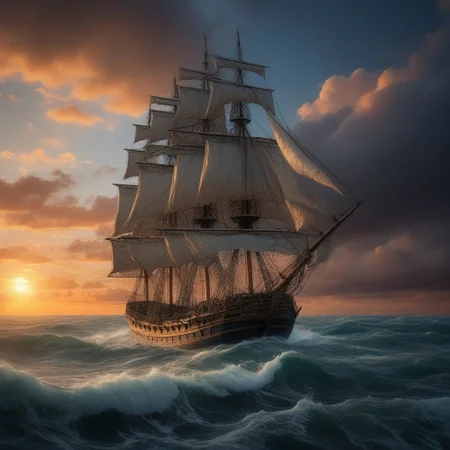 Lone Tall ship, Ocean Scene, Sunset, Clouds, natural lighting, hyperdetailed: hyperrealistic: Joe Fenton: Beautiful: by N. C. Winters: gustav doré: Matt hubel, Dan mumford, MC Escher Vladimir manyukhin, Holographic moody, imposing: magnificent, cinematic, masterpiece, divine, amazing depth of field, beautiful nature, Broken Glass effect, no background, stunning, textures, breathtaking beauty, pure perfection, divine presence, unforgettable, impressive, breathtaking beauty, Volumetric light, auras, rays, vivid colors reflects