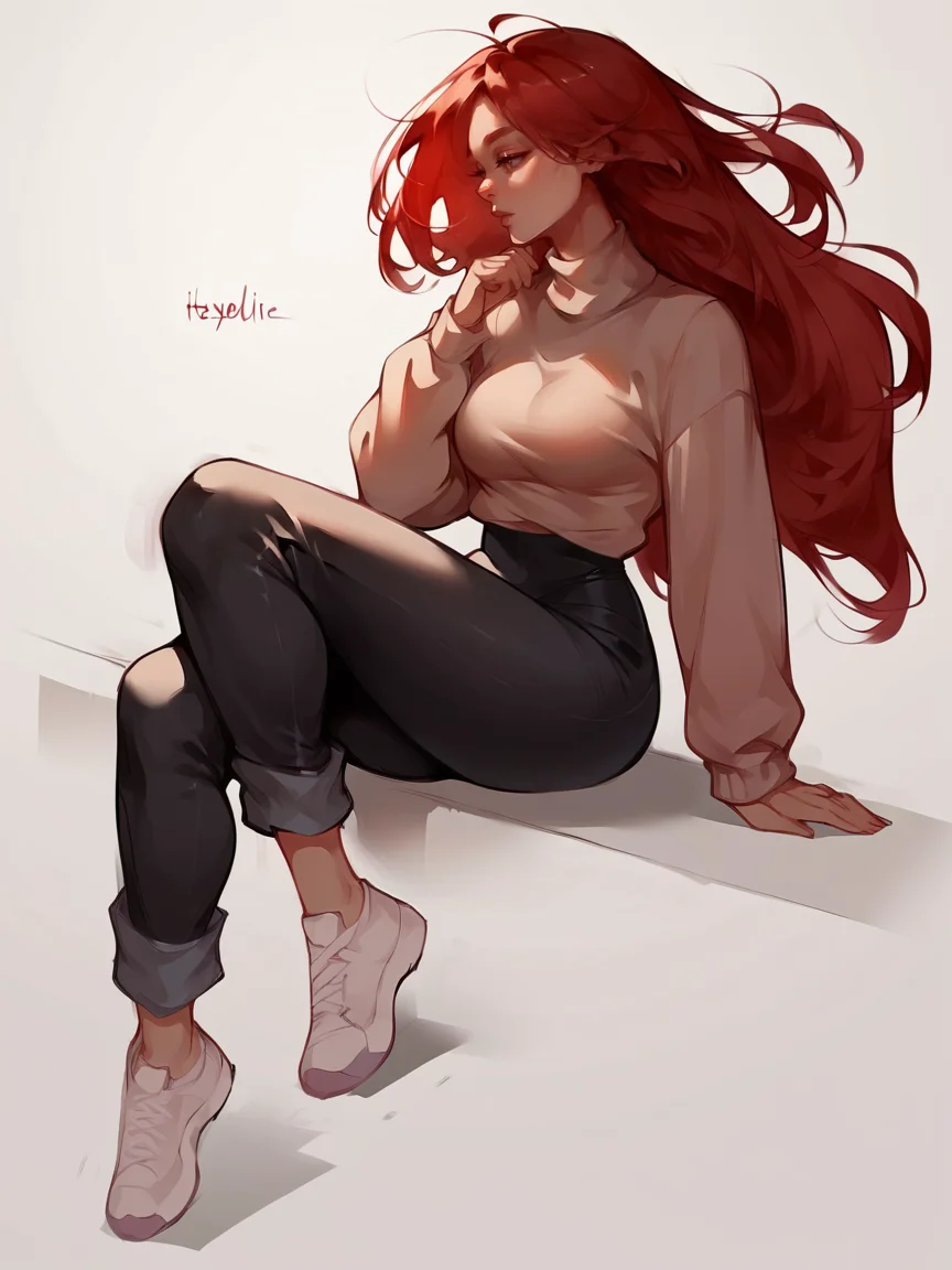 score_9, score_8_up, score_7_up, score_6_up, score_5_up, <lora:itsyelizXLP:1> itsyeliz,, 1girl, black pants, curvy, long hair, red hair, sitting,