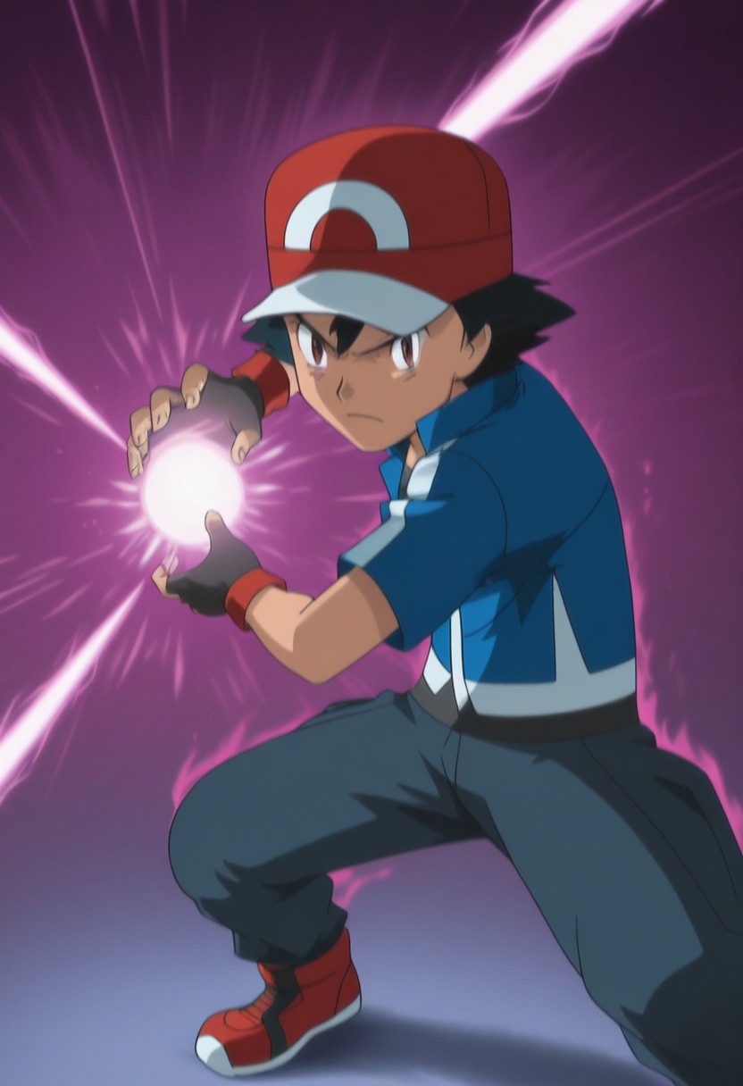 masterpiece, best quality, PokemonStyle, ashxyz, 1boy, male focus, solo, brown eyes, black hair, bangs, hat, baseball cap, red footwear, shirt, black shirt, jacket, blue jacket, short sleeves, gloves, black gloves, fingerless gloves, kamehameha, energy ball, aura, looking at the viewer, serious face, scream
