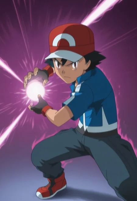 masterpiece, best quality, PokemonStyle, ashxyz, 1boy, male focus, solo, brown eyes, black hair, bangs, hat, baseball cap, red footwear, shirt, black shirt, jacket, blue jacket, short sleeves, gloves, black gloves, fingerless gloves, kamehameha, energy ball, aura, looking at the viewer, serious face, scream