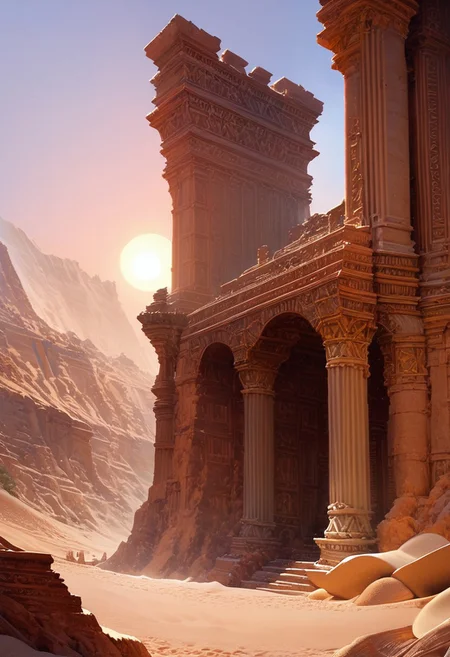 score_9, score_8_up, score_7_up, masterpiece, landscape, sand, desert, Roman architecture, buildings, sun, epiCPhoto