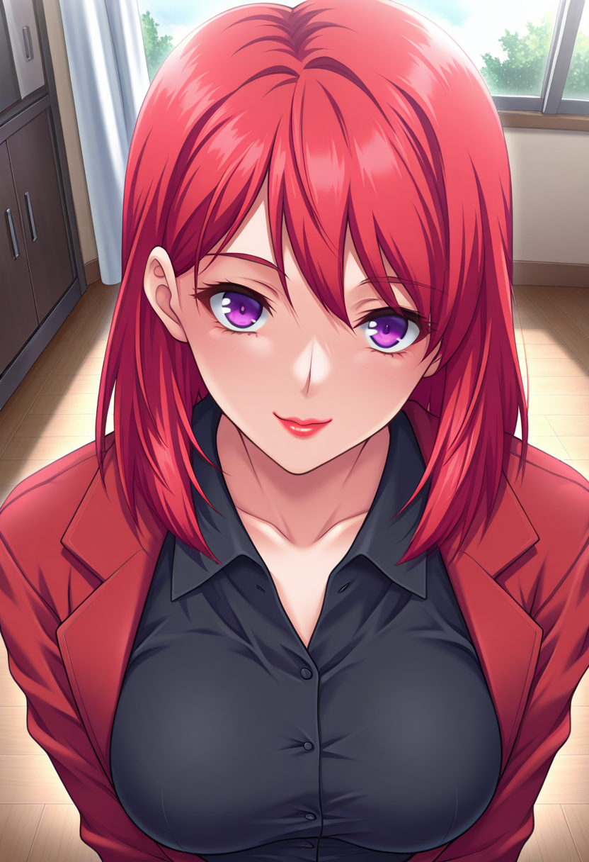 masterpiece, best quality, amazing quality, 1girl, solo, (portrait:1.2), sayakaww, mature female, purple eyes, red hair, medium hair, red lips, medium breasts, red jacket, open jacket, black collared shirt, looking at viewer, smile, indoors, day, skindentation, detailed clothing folds, depth of field, sharp, high contrast, dynamic light <lora:Nanjou_Sayaka_Yoridori_ill:0.8>