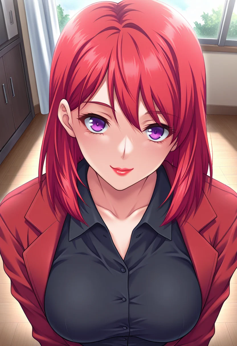 masterpiece, best quality, amazing quality, 1girl, solo, (portrait:1.2), sayakaww, mature female, purple eyes, red hair, medium hair, red lips, medium breasts, red jacket, open jacket, black collared shirt, looking at viewer, smile, indoors, day, skindentation, detailed clothing folds, depth of field, sharp, high contrast, dynamic light <lora:Nanjou_Sayaka_Yoridori_ill:0.8>