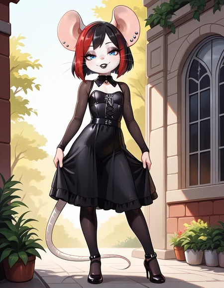 masterpiece, best quality, very aesthetic, absurdres,
outdoors,
full body, standing, posing,
goth fashion,
seductive smile, parted lips, long eyelashes,
<lora:Francis_v01_NAIXL:1>
Francis,1girl,solo,furry female, mouse girl, mouse ears, ear piercing, earrings, short hair, multicolored hair, red hair ,black hair ,blue eyes, eyeshadow, animal nose, whiskers, black lipstick, piercing, body fur, white fur, mouse tail,