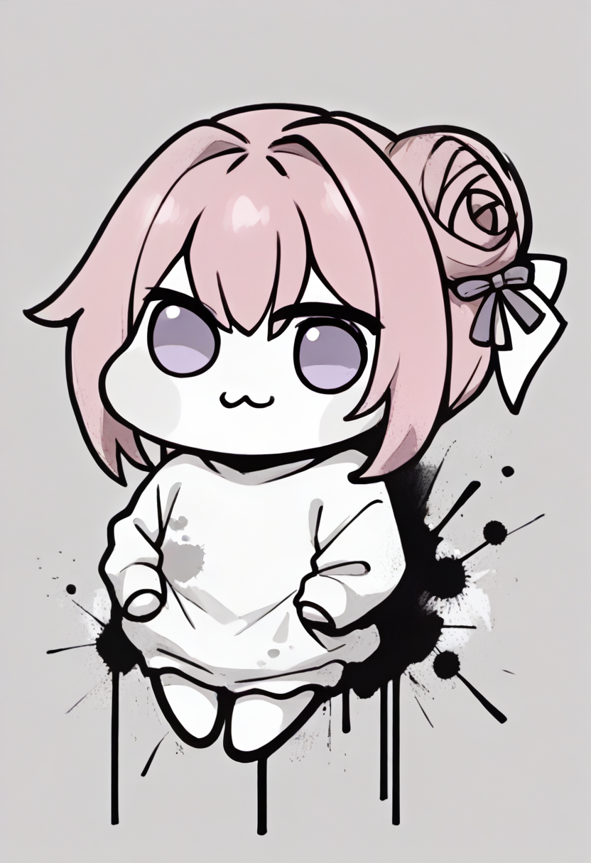 score_9, score_8_up, score_7_up, source_anime, <lora:monochromemuse:1>, monochromemuse, monochrome, greyscale, ink splatter, <lora:Doro_X_PDXL_V1:1>, doro, creature, :3, chibi, pink hair, purple eyes, hair bun, hair bow, no humans, white skin, solid circle eyes, no pupils,
