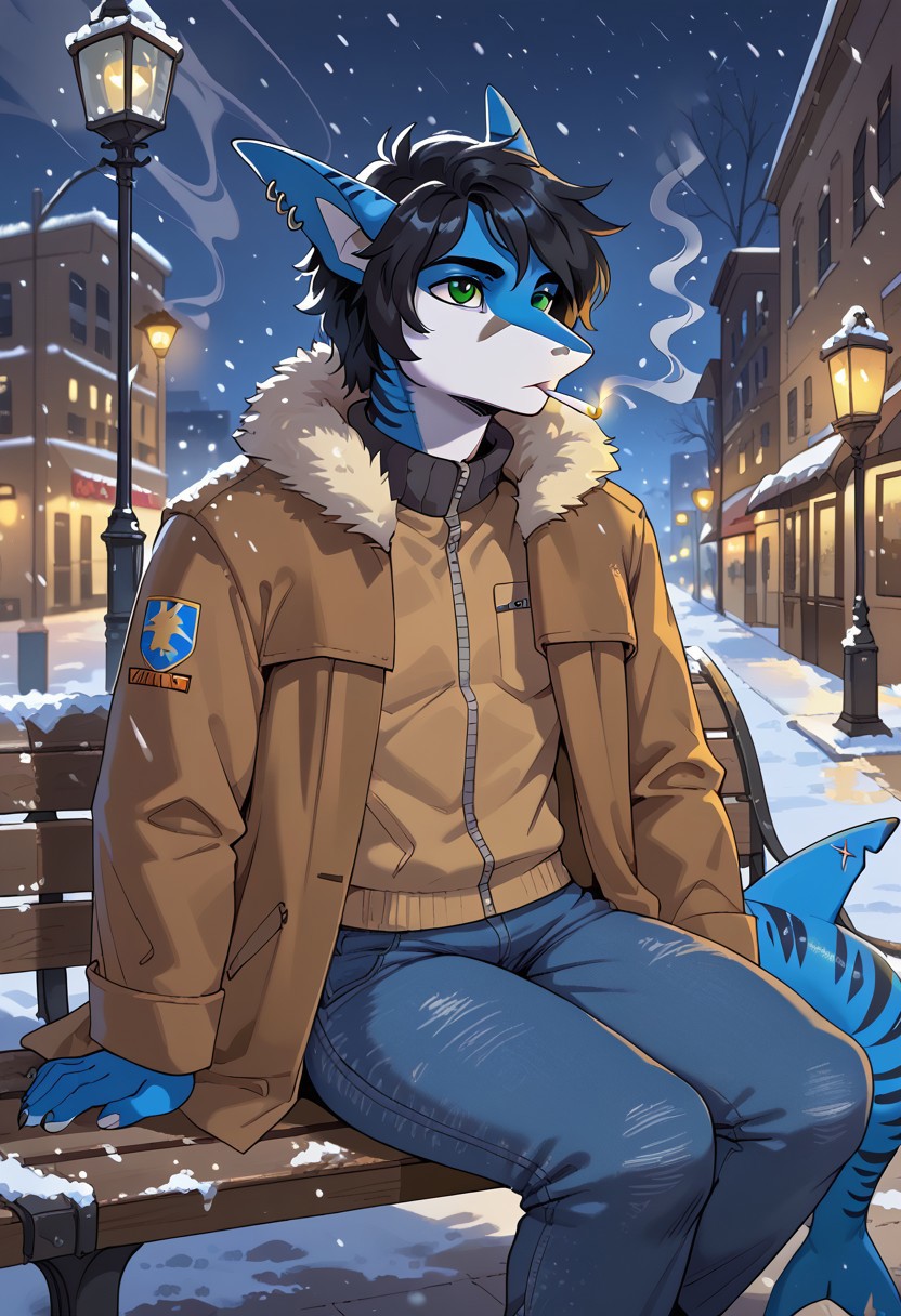 scappo,  score_9, score_8_up, score_7_up, 1boy, solo, lunarsunxl, anthro shark,dark blue skin, stripes on the body, short hair,lush hair,black hair, green eyes, shark tail, ear piercing, BREAK, Facing the viewer, looking up, looking away from the viewer, brown coat, blue jeans, smoking a cigarette, sitting on a bench, winter city, snowing, night, street lights, looking at a street light,