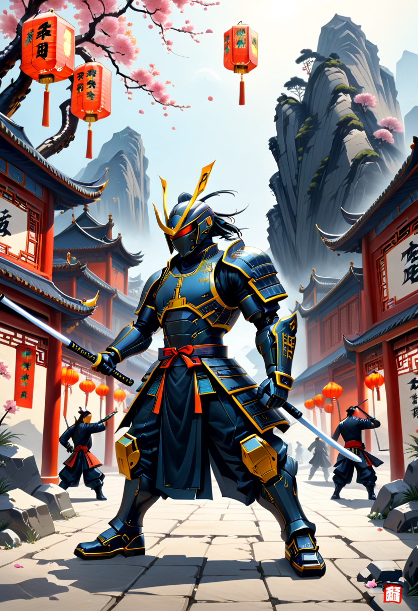 Sinoink, cyberpunk robot samurai, battlestance, fighting stance, holding katana, chinese landscape, chinese buildings, chinese village, paper lanterns,
<lora:Classical_Ink:1.5>
<lora:add-detail-xl:1>
<lora:dark:0.4>
<lora:CyberPunk_Robot_Samurai:0.5>