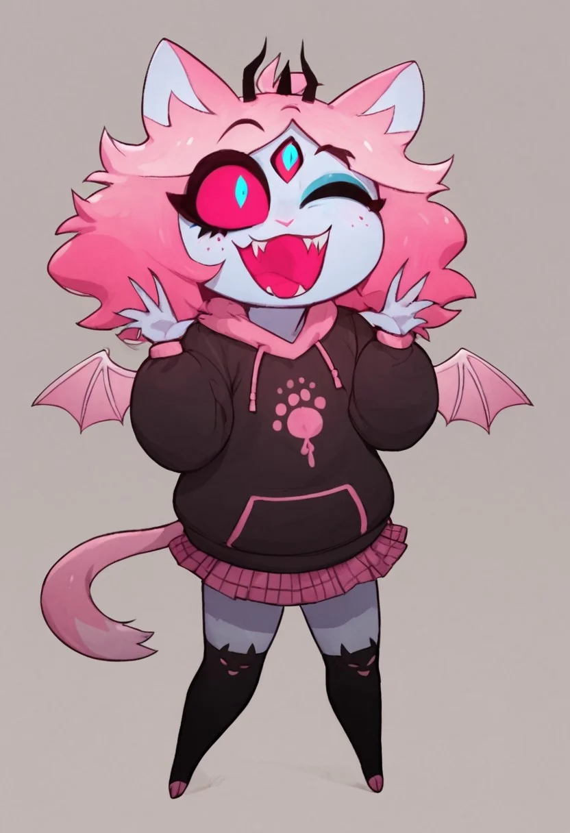 score_9, score_8_up, score_7_up, score_6_up, score_5_up, score_4_up, 1girl, pink hair, wings, colored sclera, one eye closed, open mouth, animal ears, hood, cat ears