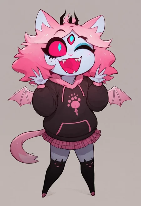 score_9, score_8_up, score_7_up, score_6_up, score_5_up, score_4_up, 1girl, pink hair, wings, colored sclera, one eye closed, open mouth, animal ears, hood, cat ears