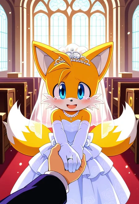 moe, cute,masterpiece, super fine illustration, best quality, light particles, ultra-detailed, 8K wallpaper, pov ,background:church,church altar, indoors,zuppu11,
male,1boy,canid,fox,
sonic the hedgehog \(series\), (Miles Prower),tails \(sonic\), 
yellow fur,white fur,[white chest tuft:0.5],white inner ears,two tails,
 mermaid wedding dress,wedding dress, wedding veil,white dress,wedding ring ,tiara, sfw, blush, 
blue eyes,smile, open smile mouth,tears,happy tears,tears of joy, 
BREAK,
white hand,white gloves,gloves,faceless male,  suit sleeves, holding hand,