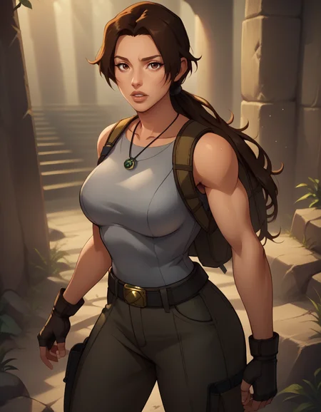 score_9, score_8_up, score_7_up,score_6_up, score_5_up, score_4_up ,
1girl, solo,
large breasts,
LaraDG,
long hair, ponytail, brown hair, brown eyes,
fingerless gloves, boots, belt, pants, tank top, grey shirt,
looking at viewer, parted lips,
<lora:Lara Croft LoLC PXL v01:1>
