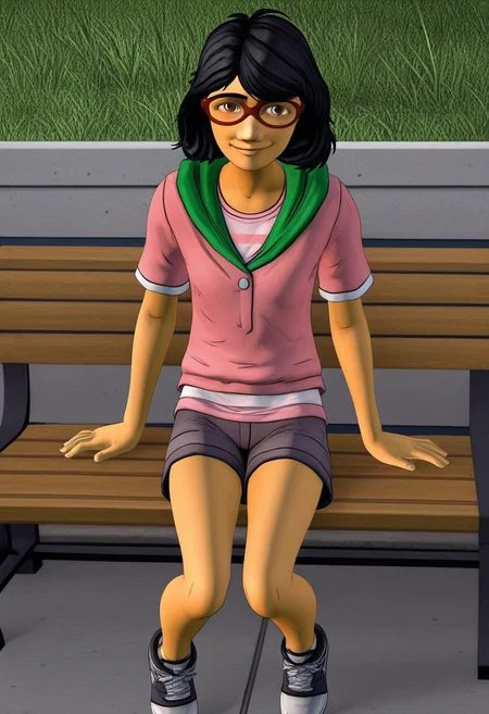 3D, Sarah, 1girl, alone, short shoulder-length black hair, red glasses
Sarah wearing a pink shirt with a green collar and white stripes, shorts, and sneakers. Sarah smiles as she sits on a bench.