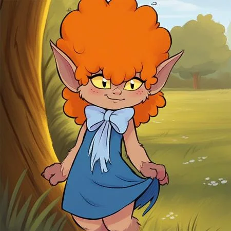 score_9, solo, winnie, furry, orange hair, curly hair, poninty ears, bow, dress, outdoors, cute