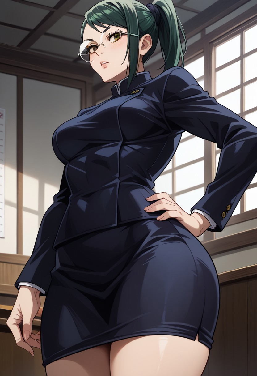 score_9_up, score_8_up, score_7_up, score_6_up, score_5_up, score_4, source_anime, 1girl, maki, Green hair, ponytail, yellow eyes, glasses, school uniform, black jacket, black skirt, pencil skirt,
solo, cinematic lighting, dynamic angle, unique angle, skin tight, looking at viewer, room, medium breasts, big butt, hips, thighs, below view, thick thighs