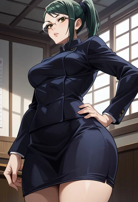 score_9_up, score_8_up, score_7_up, score_6_up, score_5_up, score_4, source_anime, 1girl, maki, Green hair, ponytail, yellow eyes, glasses, school uniform, black jacket, black skirt, pencil skirt,
solo, cinematic lighting, dynamic angle, unique angle, skin tight, looking at viewer, room, medium breasts, big butt, hips, thighs, below view, thick thighs