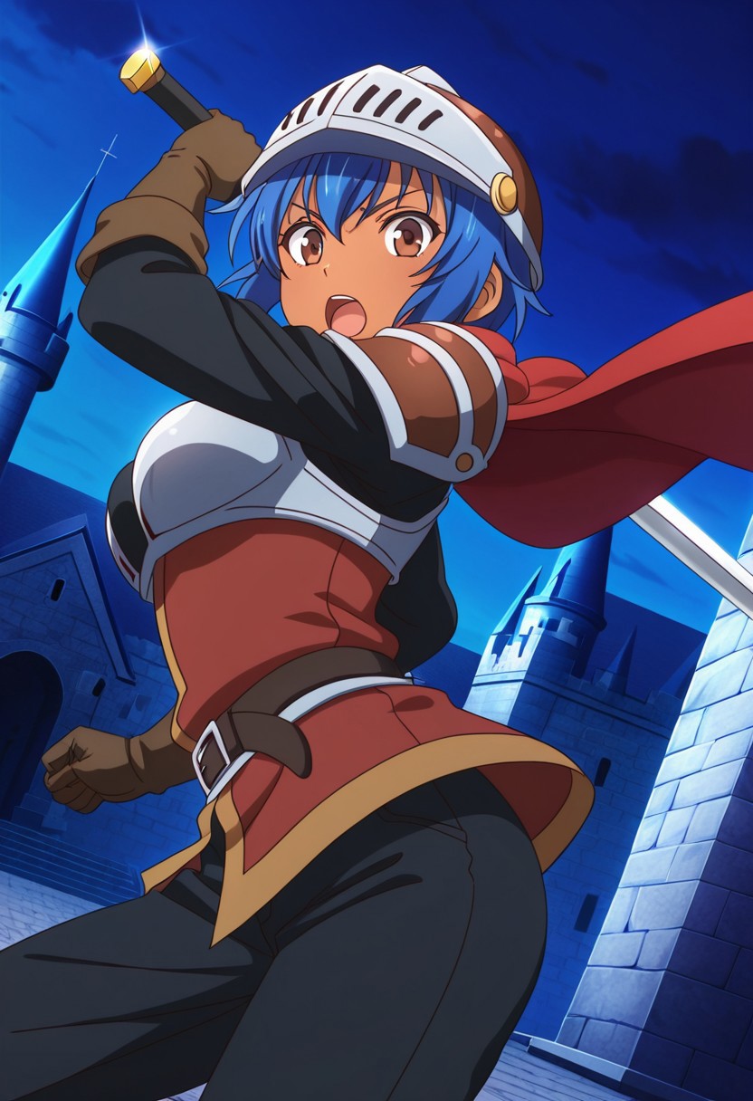 general,highres, ultra-detailed,very aesthetic,best quality ,best hands,best eyes,easynegative,
dynamic anglre, dutch angle, anime cloring,anime screencap,
1girl solo,looking at viewer,castle,outdoors,sword,holding sword,fighting,open mouth,
Menad Sisay,short body,brown eyes,large breasts,blue hair,short hair,dark skinned female,armor,gloves,helmet,