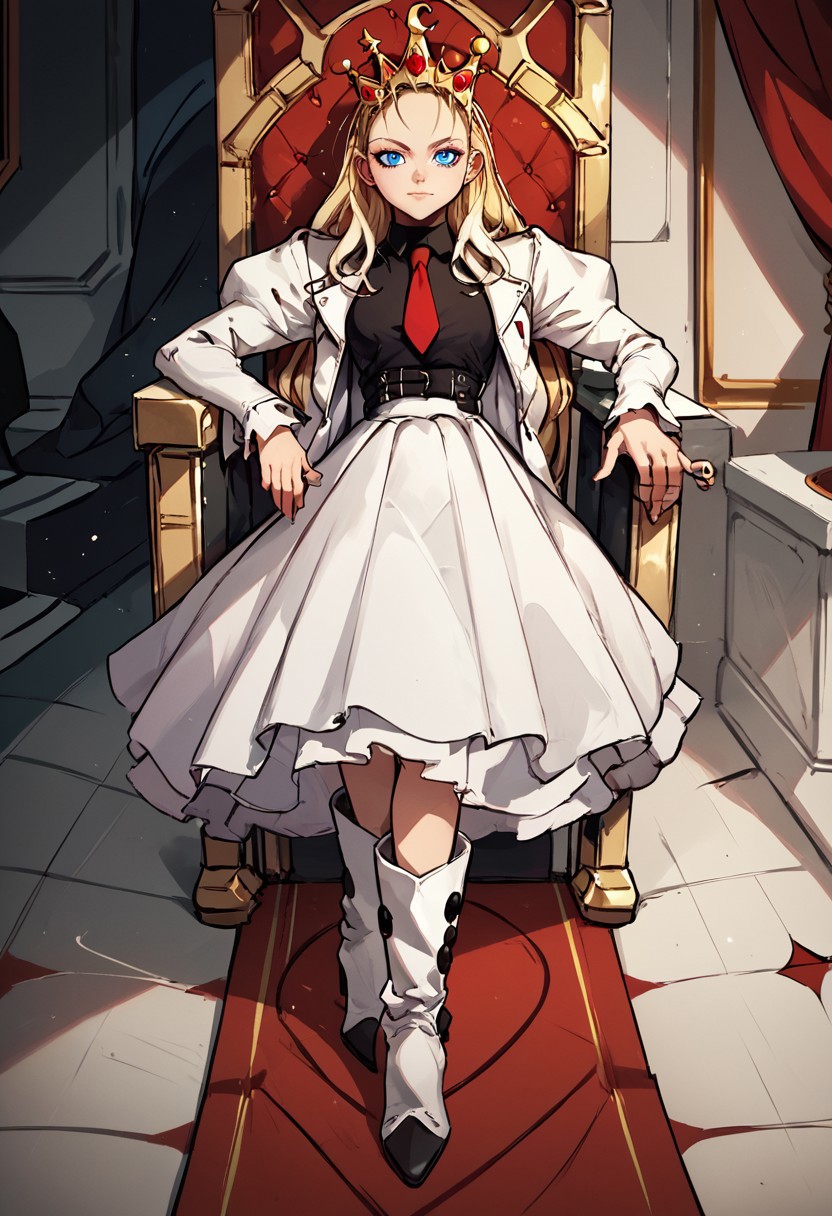 score_9, score_8_up, score_7_up, score_6_up, BREAK,uncensored, throne room, on throne ,1girl, devilotte, long blonde hair, hair slicked back, crown, blue eyes, white pants, black shirt, red tie, white suit jacket, high heel boots,