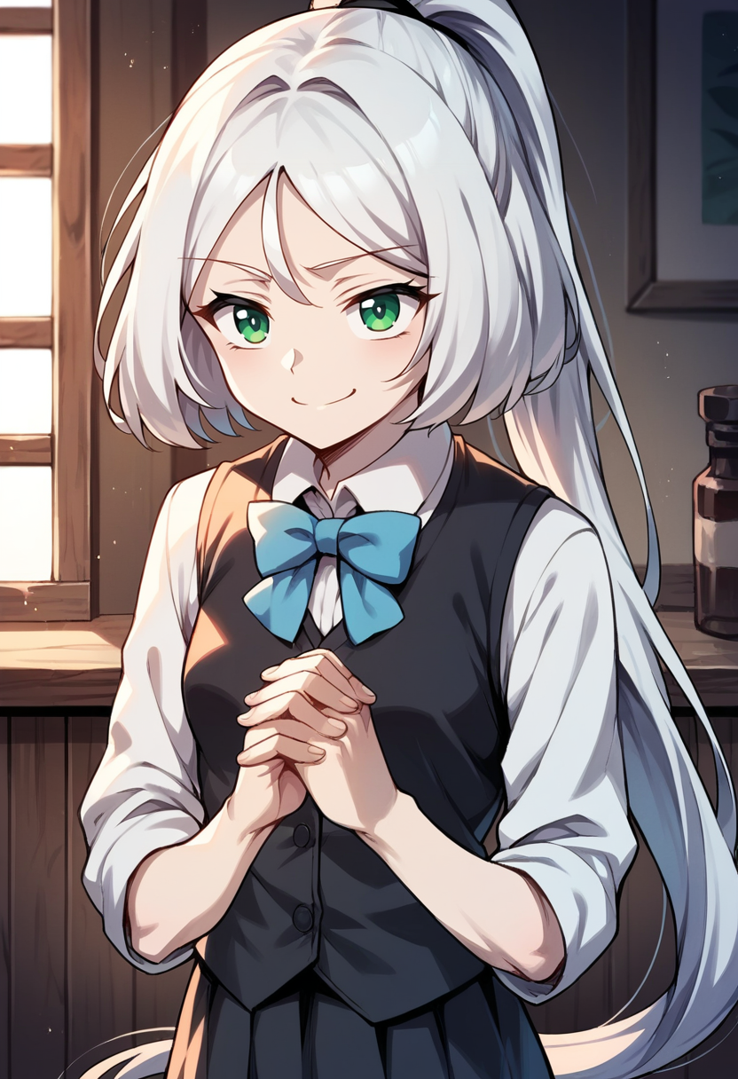 masterpiece, best quality, source_anime, uncensored, score_9, score_8_up, score_7_up, score_6_up, score_5_up, score_4_up, 1girl, solo, ephyr, long hair, ponytail, white hair, green eyes, small breasts, vest, bowtie, collared shirt, black vest, own hands together, indoors, bar background, smile, smug <lora:Ephyr_SwordKing:0.85> <lora:add-detail-xl:0.6> <lora:cfg_scale_boost:0.5>