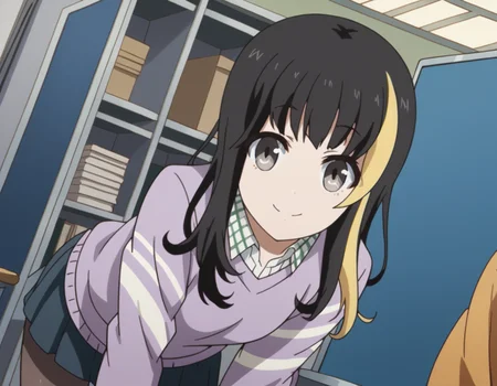 score_9, score_8_up, score_7_up, source_anime, tsubakiandou, <lora:tsubaki-andou-s1-ponyxl-lora-nochekaiser:1>, tsubaki andou, long hair, blonde hair, black hair, multicolored hair, streaked hair, grey eyes,, skirt, shirt, pantyhose, collared shirt, sweater,, indoors, office, bent over, smile, looking at viewer, solo, cowboy shot, dutch angle