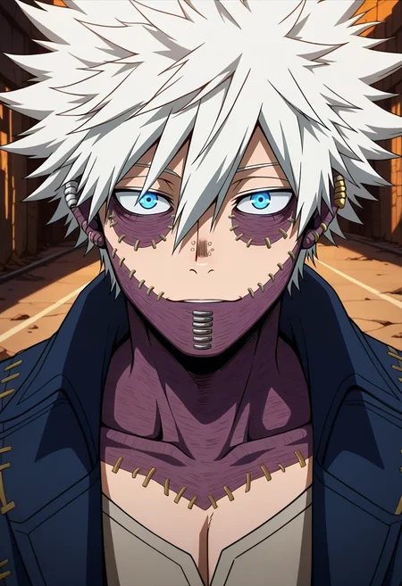 masterpiece, best quality, , anime screencap, , , looking at viewer, 1boy, solo, male focus, <lora:dabi_bnha_ilxl:0.94>, dabi_bnha, white hair, blue eyes, short hair, spiked hair, hair between eyes, messy hair, bangs, scar, burn scar, scar on face, piercing, ear piercing, stitches, , deserted highway, cracked asphalt, fading lines, glowing horizon, walking pose, resolute expression, dusty ambiance,