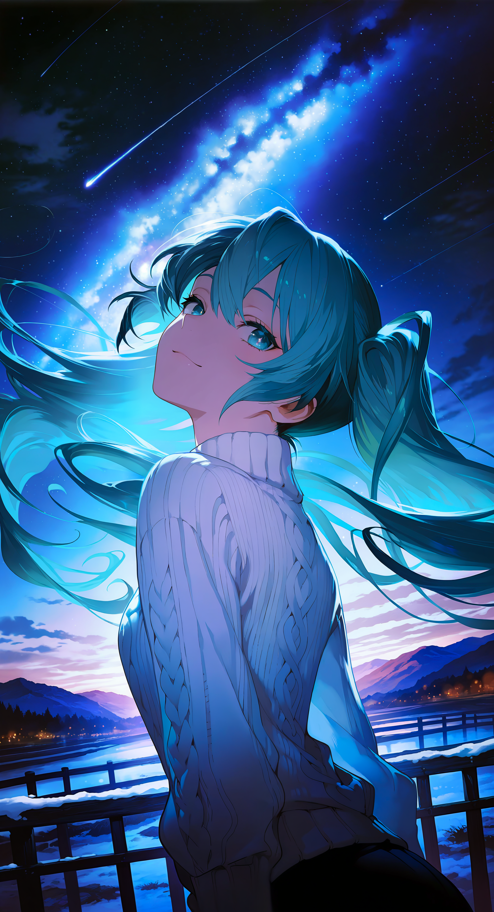 masterpiece, best quality, amazing quality, very aesthetic, absurdres, highres, newest, artwork by (yoneyama mai:0.5) and (Rella:0.8),
1girl, hatsune miku, solo, beautiful detailed face and eyes, Ribbed knit pullover,
break
head tilt pose, Behind the Scenes, playful wink, from behind, over the shoulder, (from below:0.2), (dutch angle:0), close-up, face focus, wind effect, floating long hair, looking away,
break
winter, snow, diamond dust, countryside, highlands, lakes, starry sky, nebulae, Milky Way, shooting stars, intricate background, beautiful scenery,
break
Professional fashion editorial feel, elegance, ethereal, highly detailed, ultra detailed, insanely detailed, fine texture, crisp detail, crisp edges,  cinematic haze for a delicate yet detailed effect, Rembrandt lighting with soft shadows, subtle haze surrounding the model, depth of field, bokeh,
<lora:748cmSDXL:0.5>, <lora:GBF_Illustrious:0.6>, <lora:illustrious_all_rated_v1:0.6>, <lora:ponyv5_noobV065S_1_adamW:0.6>, <lora:MeMaXL4:0.6>,