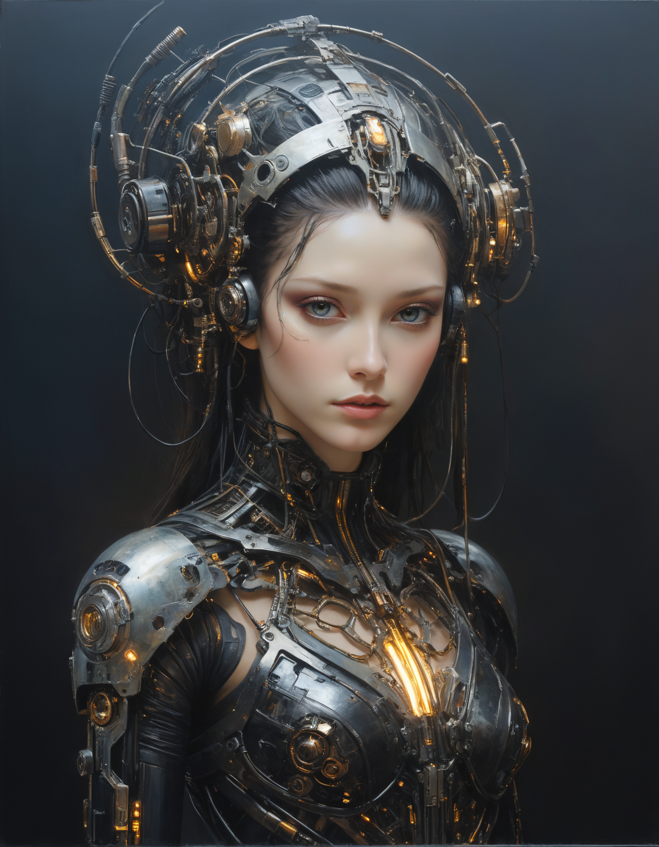 by Bradley Walker Tomlin,  (ethereal glow, dark palette, highly professional, dramatic lighting, extremely beautiful:1.4), (intricate details, masterpiece, best quality:1.4),
Biomechanical cyberpunk, cybernetics, human-machine fusion, dystopian, organic meets artificial, dark, intricate,  looking at viewer, dynamic pose
<lora:add-detail-xl:1> <lora:xl_more_art-full_v1:0.5> <lora:looking_at_viewer:2>  <lora:NicolaSamori:0.5> in the style of Nicola Samori