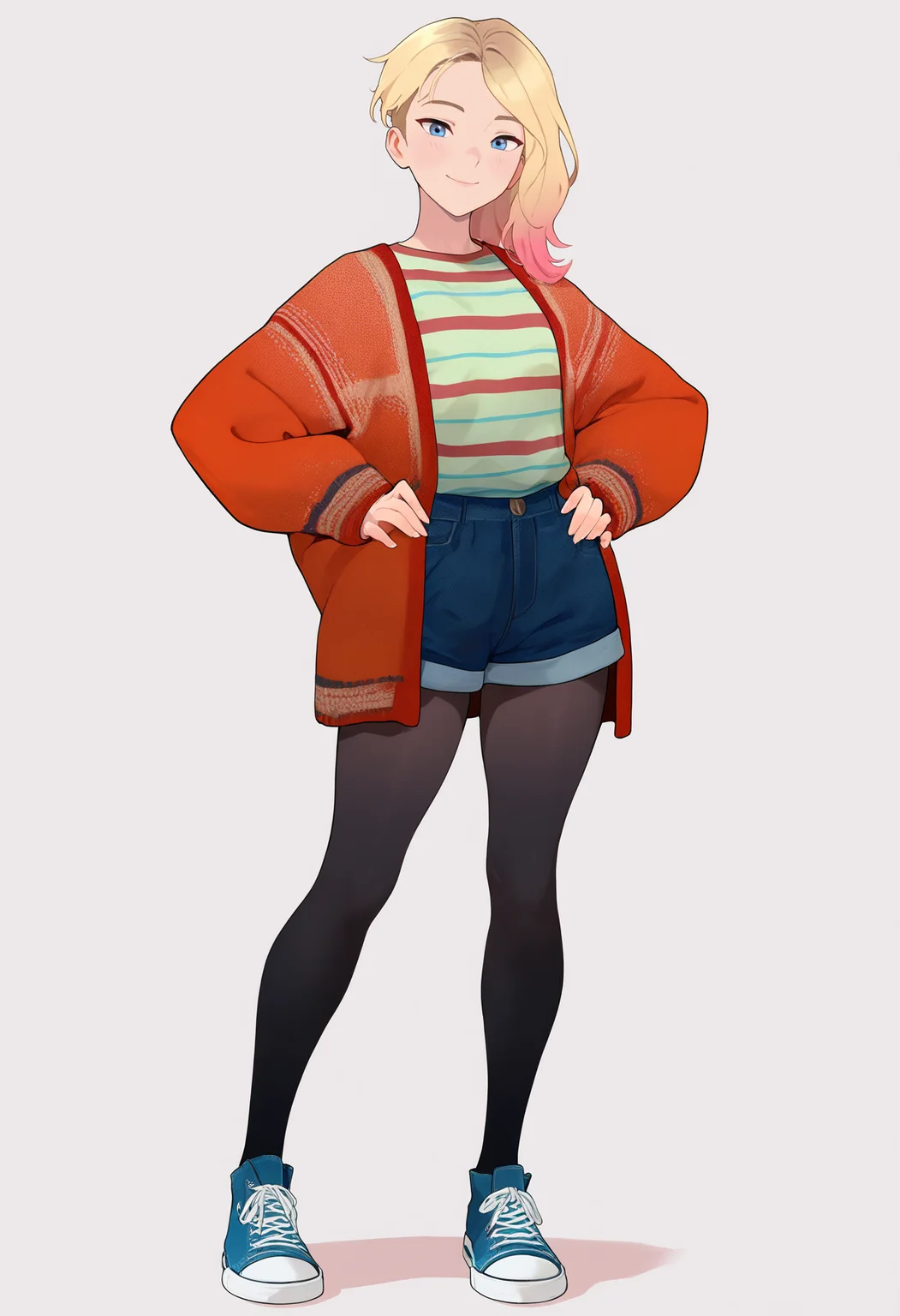 masterpiece, best quality, very aesthetic, absurdres,
1girl, gwenstacy, blonde hair, asymmetrical hair, blue eyes,
cardigan, long sleeves, striped shirt, denim short shorts, pantyhose under shorts, blue sneakers,
hands on hips, standing, full body, smile, looking at viewer, solo, simple background, white background <lora:GwenStacyNoobXL_byKonan:1>
