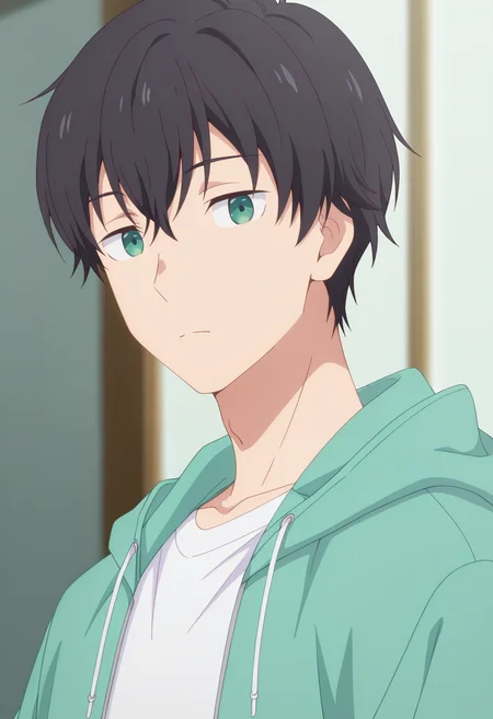 masterpiece, best quality, amazing quality,high resolution, intricate details,official style,depth of field,anime screencap , , , 1boy, solo, male focus, <lora:Yuuta_Asamura:0.74>,yuuta asamura,black hair,green eyes,short hair,looking at viewer,expressionless,white shirt,jacket,hood