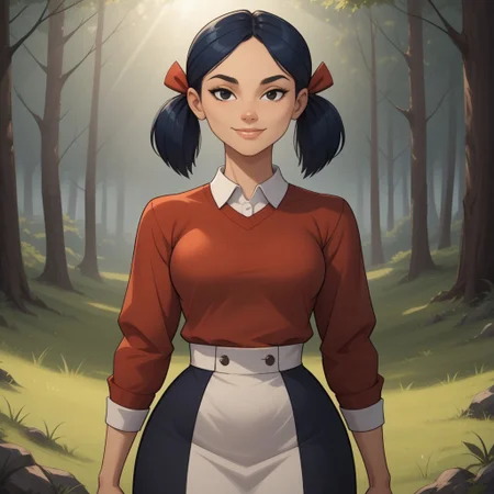 score_9, score_8, BREAK, solo, red sweater, 1girl, white undershirt, black skirt, navy blue hair, black eyes, lips, twintails, breasts, total drama, Kitty_(\Total_Drama\), tdtrr, cute, sexy pose, smile, outdoors, sunlight, shadows, evening lighting, natural lighting, forest, trees, grass, orange sky, sunset