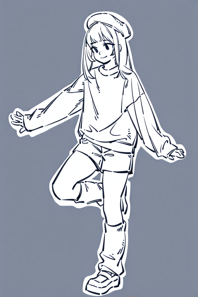 <lora:Sktchst_IL:1> sktchst, 1girl, solo, hat, smile, sleeves past wrists, shorts, monochrome, sweater, shoes, long sleeves, socks, beret, leg warmers, outline, full body, bangs, closed mouth, leg up, long hair, simple background