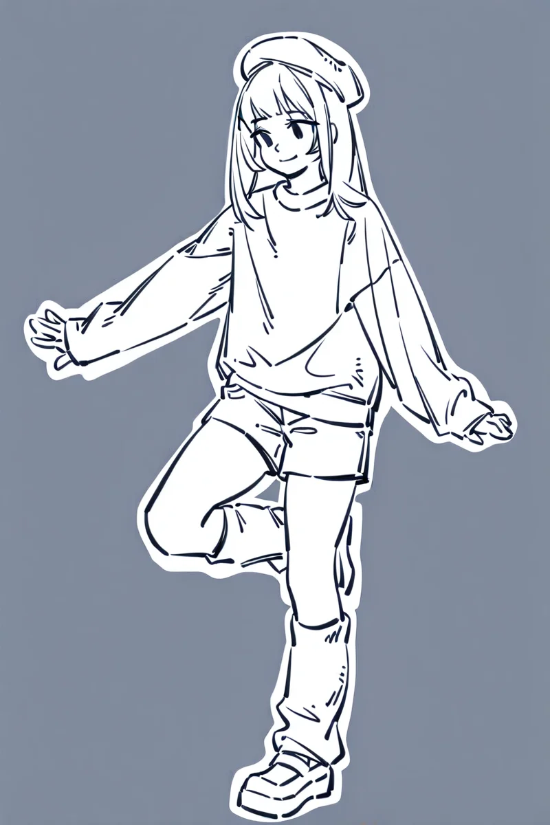 <lora:Sktchst_IL:1> sktchst, 1girl, solo, hat, smile, sleeves past wrists, shorts, monochrome, sweater, shoes, long sleeves, socks, beret, leg warmers, outline, full body, bangs, closed mouth, leg up, long hair, simple background