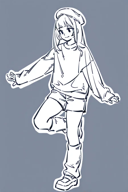 <lora:Sktchst_IL:1> sktchst, 1girl, solo, hat, smile, sleeves past wrists, shorts, monochrome, sweater, shoes, long sleeves, socks, beret, leg warmers, outline, full body, bangs, closed mouth, leg up, long hair, simple background