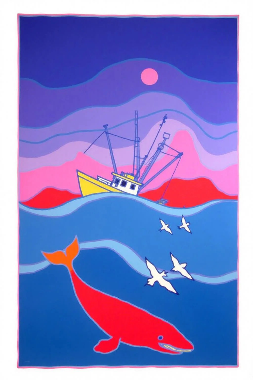 teha1 illustration.
The background features a gradient sky transitioning from deep purple at the top to a lighter shade of blue near the horizon. The sky is dotted with stylized, wavy lines in shades of pink, purple, and blue, giving a sense of movement and depth. A fishing boat is positioned in the middle of the image. Underneath the boat, a whale is diving. There are four seaguls <lora:teha1_cap_d6a3e11:1.0><lora:827662579296963709:0>