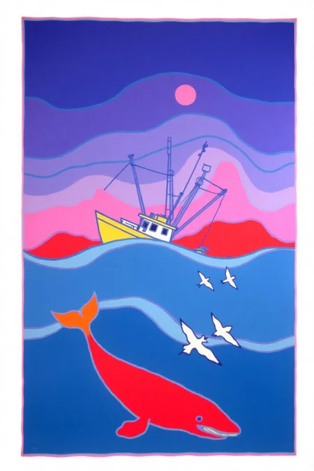 teha1 illustration.
The background features a gradient sky transitioning from deep purple at the top to a lighter shade of blue near the horizon. The sky is dotted with stylized, wavy lines in shades of pink, purple, and blue, giving a sense of movement and depth. A fishing boat is positioned in the middle of the image. Underneath the boat, a whale is diving. There are four seaguls <lora:teha1_cap_d6a3e11:1.0><lora:827662579296963709:0>