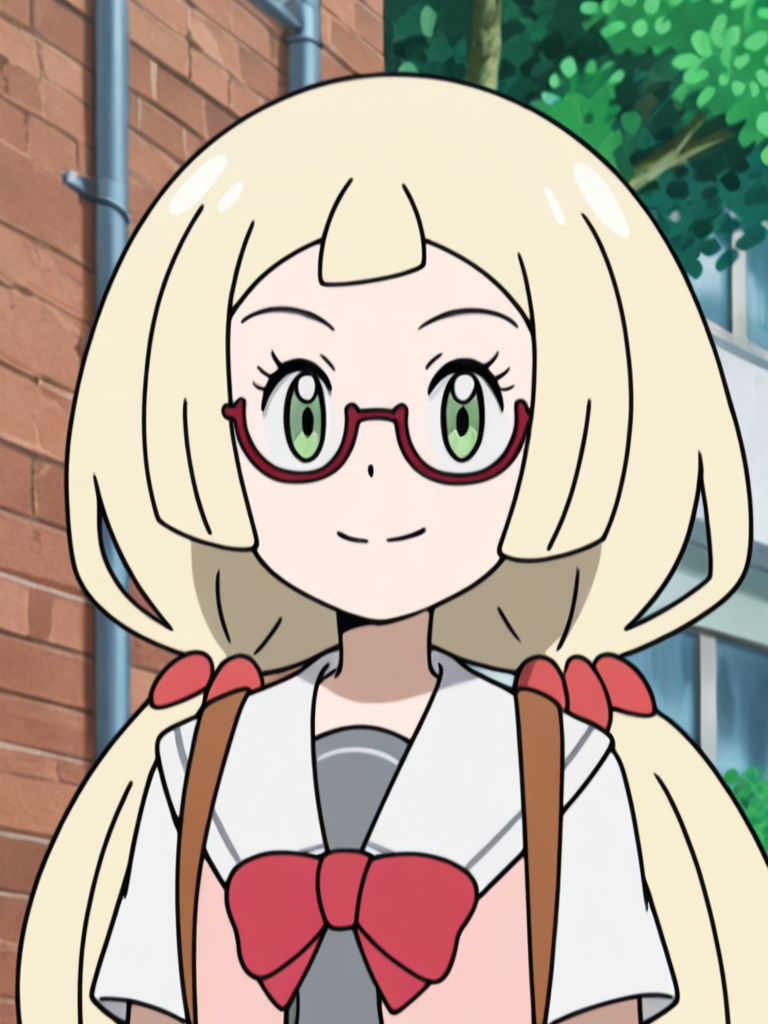 standing, looking at viewer, seductive smile, outdoors, upper body, 
 <lora:lilie_v3:1> mag3ca gir7l, li7lie un7form,green eyes,long hair,blonde hair,tied hair,two pigtails,red glasses,gray school uniform,red bow,sailor collar, light pink open shirt,brown backpack,, masterpiece, high quality, absurdres, best quality, very aesthetic, newest,