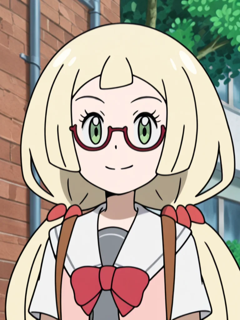 standing, looking at viewer, seductive smile, outdoors, upper body,
<lora:lilie_v3:1> mag3ca gir7l, li7lie un7form,green eyes,long hair,blonde hair,tied hair,two pigtails,red glasses,gray school uniform,red bow,sailor collar, light pink open shirt,brown backpack,, masterpiece, high quality, absurdres, best quality, very aesthetic, newest,