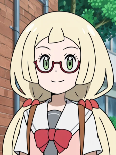 standing, looking at viewer, seductive smile, outdoors, upper body, 
 <lora:lilie_v3:1> mag3ca gir7l, li7lie un7form,green eyes,long hair,blonde hair,tied hair,two pigtails,red glasses,gray school uniform,red bow,sailor collar, light pink open shirt,brown backpack,, masterpiece, high quality, absurdres, best quality, very aesthetic, newest,