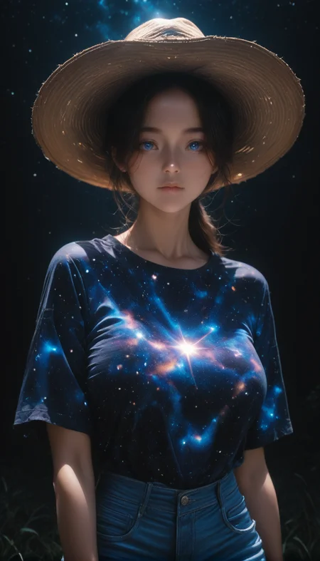 <lora:LCMTurboMix_Euler_A_fix:1> <lora:example_SDXL:0.3>, EZRealPONYXL, <lora:Dramatic Lighting Slider:3> <lora:realistic filter [IL]: 1>
DSLR,realistic,cosplay photo, (very awa,masterpiece,best quality,year 2024,newest,absurdres,highres:1), realistic,skin texture,facial features, photography shot with Canon EOS 5D Mark IV , realistic, RAW, best quality, masterpiece, amazing quality, skin details,
highly detailed beautiful face, large natural breasts,
detailed background, shiny skin, dutch angle, night, moonlight,
beautiful detailed eyes, intricate details, absurdres, anime screencap,
<lora:AddMicroDetails_Illustrious: 0.5> , addmicrodetails,
artist: onono imoko, artist: taesi,
high_quality, highres, detailed, masterpiece, best quality, absurdres, woman wearing Jedcwb, cowboy outfit, wide-brim hat, bandana, jeans,  black background, over-the-shoulder ponytail, bangs,  posing,  diagonal_angle,   <lora:CowgirlIL-000002:1>
 <lora:galaxyXLP:1> (galaxy print shirt : 1.5), (galaxy sky 1.5),