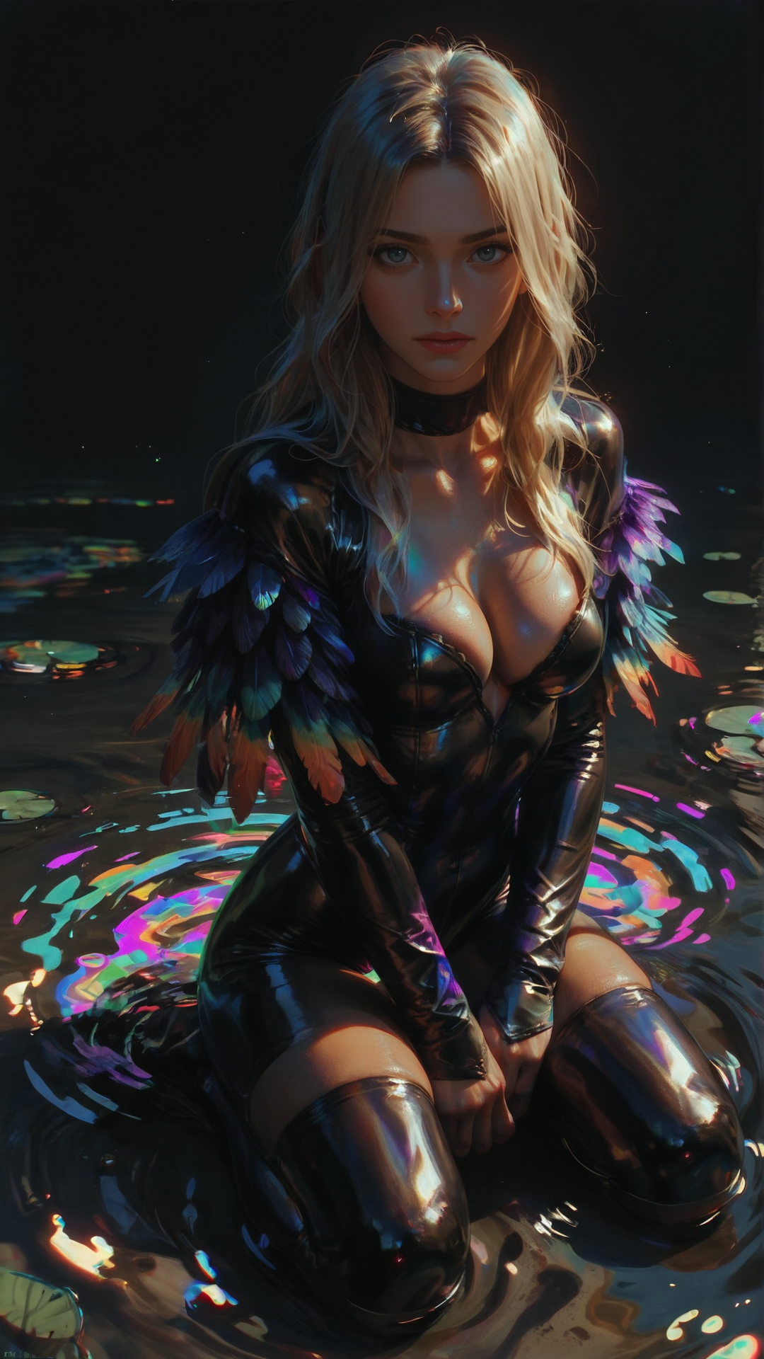 score_9, score_8_up, score_7_up, score_6_up, score_5_up, score_4_up, beauty, face focus, full body view, posing, comic, comic style, comic scene, eye view, front view, 1 women, blonde, long hair, golden eyes, tanned skin, long hair, side parted, 22 years old, black thigh highs, black bodysuit, highwaist, cleavage, raven feather sleeves,bare legs black background, purple neon glow, kneeling in the water, shadows, water, hands, swirls, abstract, ripples, colorful, <lora:swirlsXLP:0.5>, <lora:Ravenfeathersuit:0.8>