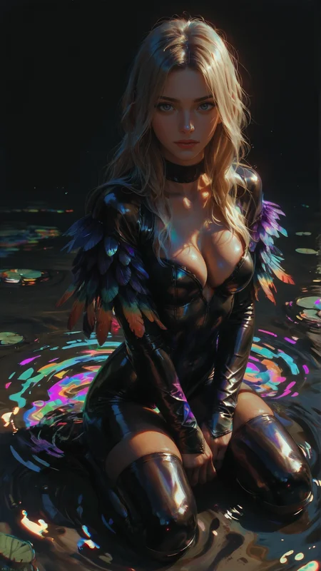 score_9, score_8_up, score_7_up, score_6_up, score_5_up, score_4_up, beauty, face focus, full body view, posing, comic, comic style, comic scene, eye view, front view, 1 women, blonde, long hair, golden eyes, tanned skin, long hair, side parted, 22 years old, black thigh highs, black bodysuit, highwaist, cleavage, raven feather sleeves,bare legs black background, purple neon glow, kneeling in the water, shadows, water, hands, swirls, abstract, ripples, colorful, <lora:swirlsXLP:0.5>, <lora:Ravenfeathersuit:0.8>