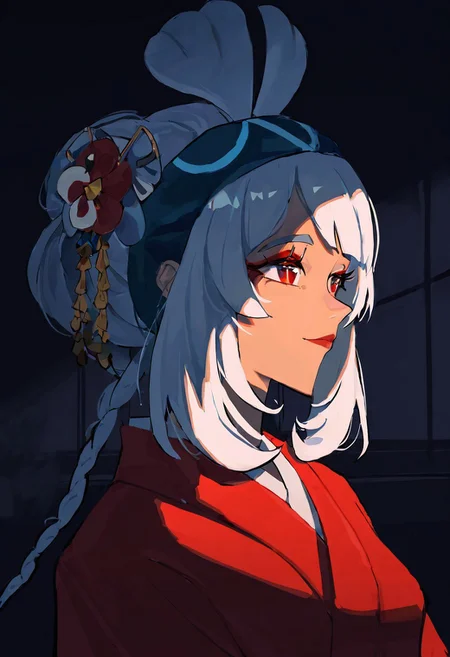 masterpiece, best quality, highres, absurdres, very awa, 1girl, solo, inaaum, white hair, twin braids, long hair, dark-skinned female, geisha, pale skin, makeup, red lips, nihongami, flower, kanzashi, hair ornament, japanese clothes, kimono, red kimono, portrait, indoors, looking ahead, red eyes, blue hairband, dark, shadow, night, lips, eyelashes, light smile, closed mouth
