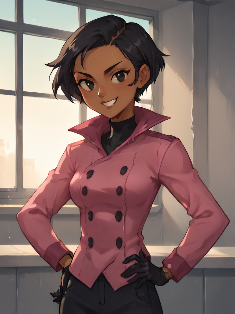 <lora:BritPony1.3:0.75> brit, solo, 1girl, black hair, short hair, dark-skinned female, black eyes, pink jacket,black,black gloves, buttons,upper body,standing, hand on own hip, breasts,      score_9, score_8_up, score_7_up, score_6_up, score_5_up, score_4_up, smile, indoors, looking at viewer,  <lora:Smooth Anime Style LoRA XL:1>