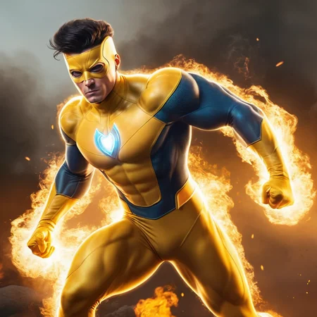 concept art of  <lora:Invincible:1>
Invincible a man in a yellow superhero costume outfit is running through fire with a bodybuilding ribbed body and oval white eyes , digital artwork, illustrative, painterly, matte painting, highly detailed
