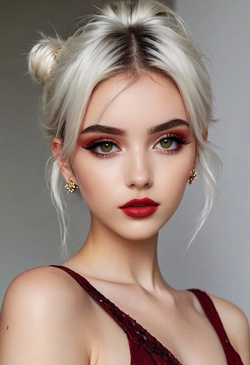 20 year old Turkish girl, long shot, pose 1:2, standing, stand up, full body view, hazel eyes, pale skin, puffy lips, makeup, eye contact, hairclip, light white hair, very short hair, hair up, double bun, hair flaps, asymmetrical bangs, long bangs, x hair ornament, dark red lips, red eyeshadow, mascara, eyeliner, stud earrings, piercing, blush, flat chest, epic action, Unreal Engine, cinematic award winning artwork, many details, extreme detailed, full of details,Wide range of colors., dramatic, Dynamic,Cinematic,Sharp details, Insane quality. Insane resolution. Insane details. Masterpiece. 32k resolution. casting shadow style, cucoloris patterned illumination, <lora:add-detail-xl:1>