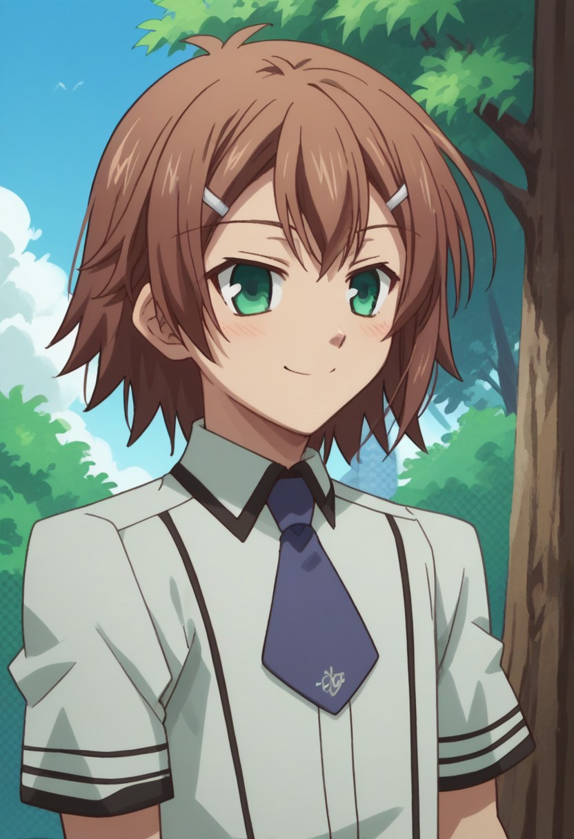 score_9, score_8_up, score_7_up, source_anime, highly detailed, 
kinoshita, 1boy, solo, male focus, brown hair, green eyes, hair ornament, hairclip,
school uniform, shirt, white shirt, short sleeves, necktie, blue necktie, upper body, smile
outdoor, sky, tree