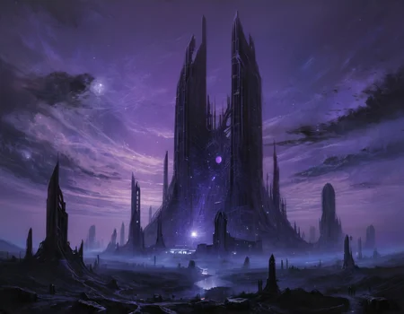 As dawn painted the horizon in shades of violet and indigo, the ghostly outlines of towering edifices emerged from the darkness, their jagged forms etched against the starlit sky like dark silhouettes of a forgotten sci-fi epic, b3ks1n