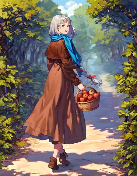 <lora:pony_xl_Lenneth:0.9>,Lenneth,score_9,score_8_up,score_7_up,source_anime,1girl,solo,brown dress,long dress,long sleeves,blue scarf,fringe trim,capelet,brown footwear,full body,looking_at_viewer,looking_back,smile,:d,open mouth,holding,basket,fruit,apple,walking,standing,nature,grove,