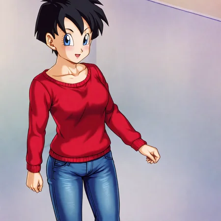 <lora:videl_pony_v1:.75>VidelShortHair, black hair, 1girl, blue eyes short hair, collarbone, cowboy shot, sweater, jeans