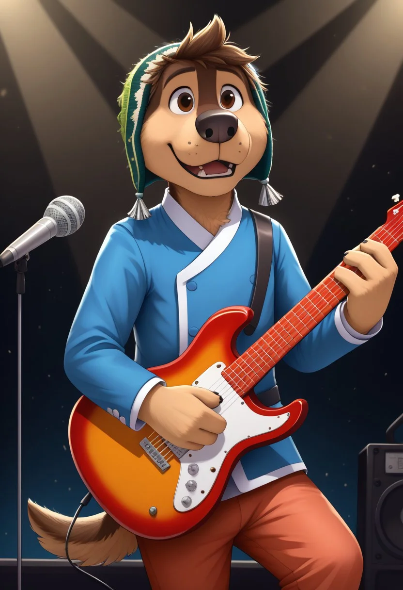 score_9, score_8_up, score_7_up, cartoon_style, ((by BodiPhant0m)), byBodiRDz, 4k, 8k, The best quality, very well drawn, detailed,
high quality, detailed, 4k, high resolution, high quality, high resolution, outdoors, furry character, canine, 2d, solo, 
rockdog, bodi, style rock dog, movie style, style[rockdog], rockdog, male, tibetan mastiff, mastif, dog boy, dog, bodi, Tibetan Mastiff with brown-and-tan fur with tan fur on his muzzle, hands and feet black nose, brown eyes and black trimmed claws, blue Tibetan jacket with a white trim, white cuffs and a white belt, red-orange pants with white cuffs and a green Tibetan beanie cap with locks of his mane poking out from the front,
teeth, blurry background, furry, spotlight, dog, music, guitar, furry_male, playing_instrument, holding instrument, instrument, microphone, furry, dog tail, guitar, microphone_stand, concert,
(sexy), naked, exposed, easynegative, Split Lighting style, partially covered in shadow,
blue fire of the soul, blue light on the strings from the light of the soul of music, praktekly, particles of music notes, fire in the soul, energy of music, blue light